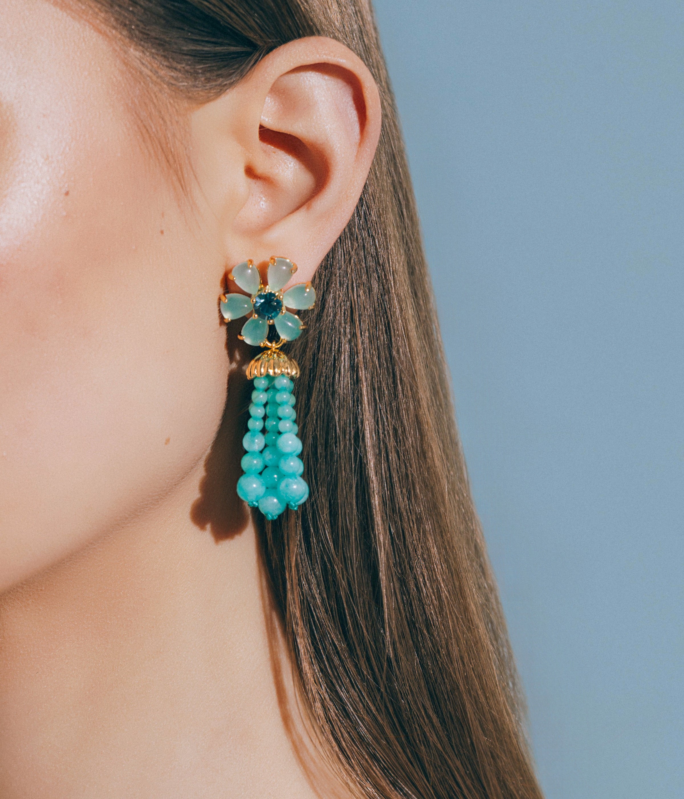 Tassel Stud Earrings - Art Deco Tassel Drop Earrings - Teal  Elegant Teal Tassel Earrings with Gold Details main image 1